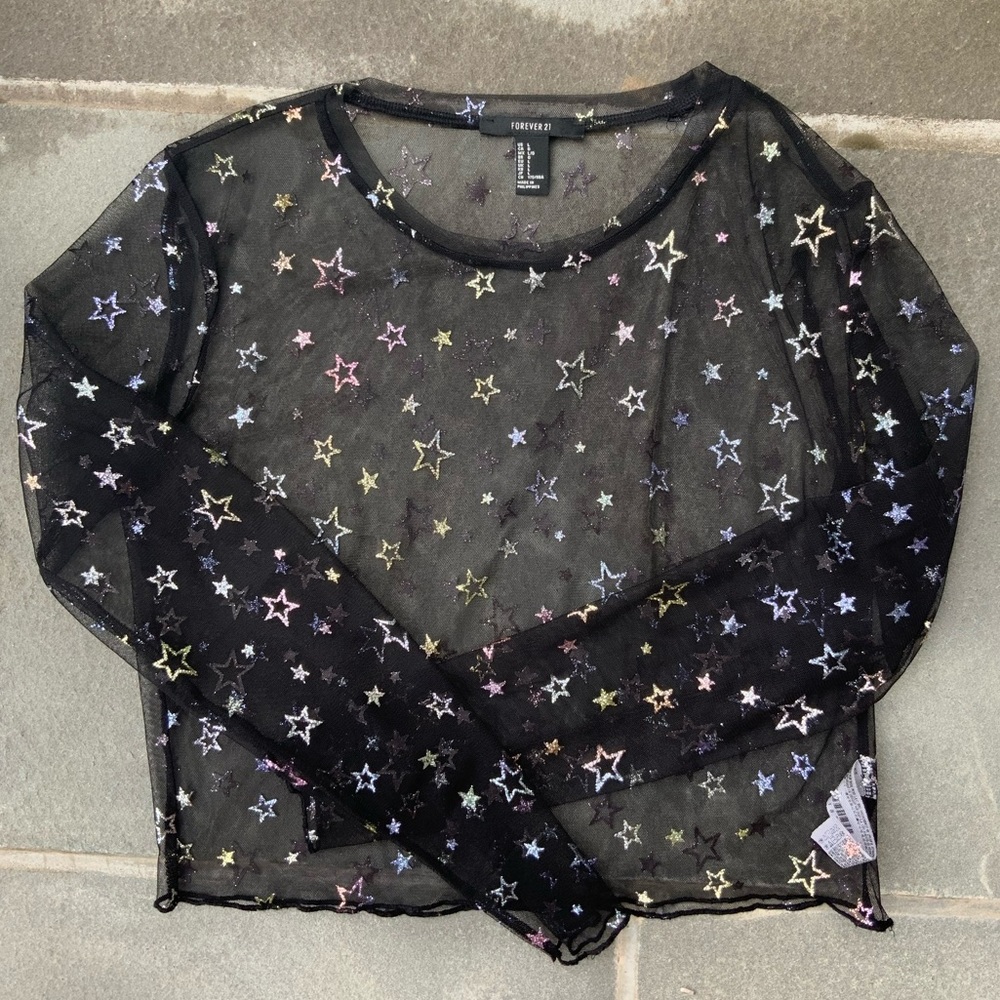 Forever 21 glitter star mesh long sleeve top